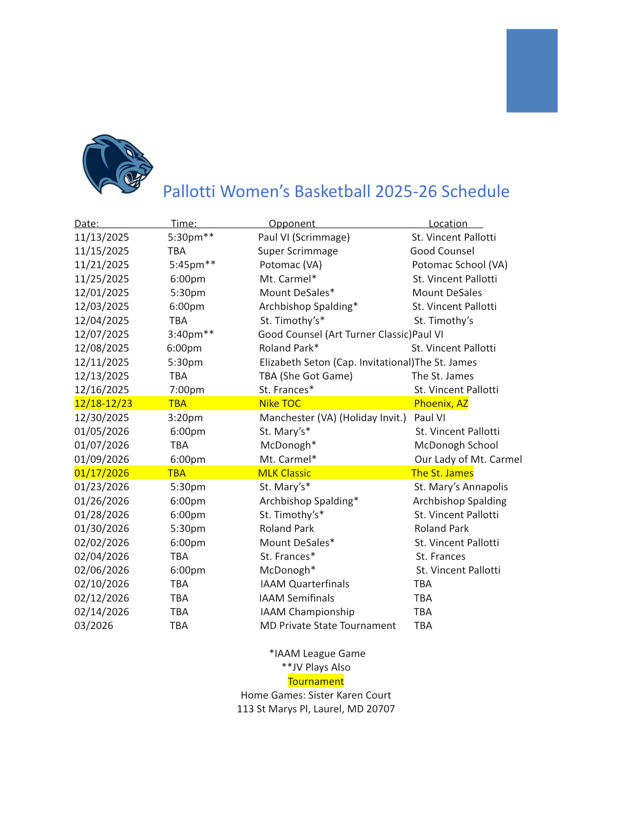 Pallotti Regular Season Schedule